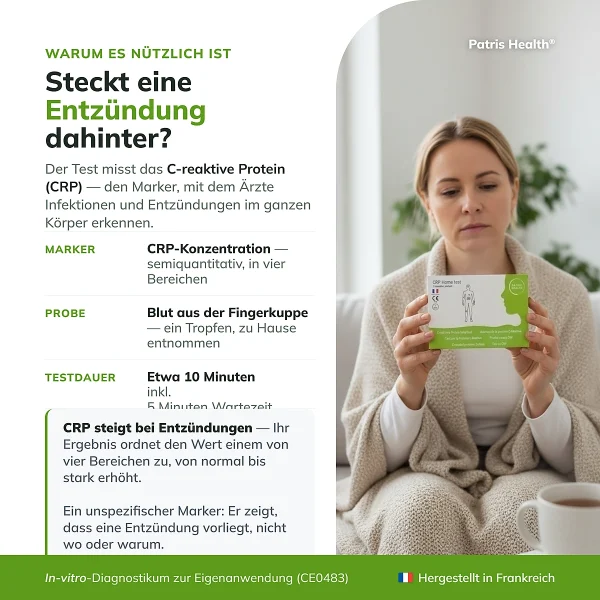 Produktubersicht zum Patris Health CRP-Selbsttest mit den wichtigsten Informationen