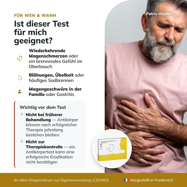Infografik für wen der Patris Health Helicobacter-pylori-Selbsttest geeignet ist