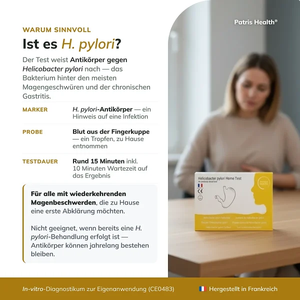 Übersicht zum Patris Health Helicobacter-pylori-Selbsttest mit Informationen zu Nutzen, Marker, Probe und Testdauer