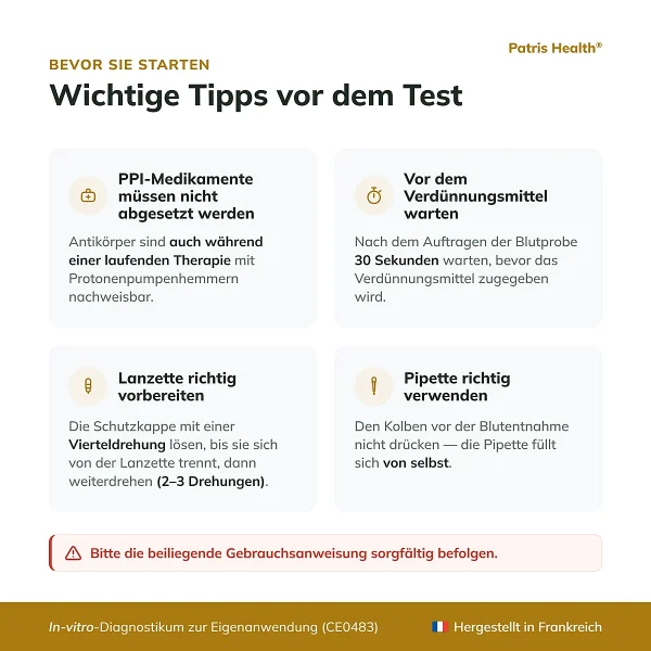Wichtige Hinweise vor der Anwendung des Patris Health Helicobacter-pylori-Selbsttests