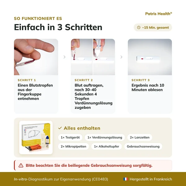 Anleitung zur Anwendung des Patris Health Leberfunktions-Selbsttest in 3 Schritten