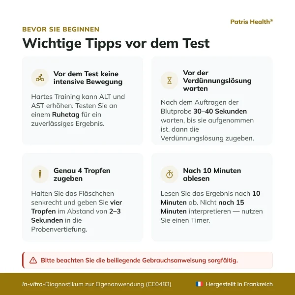 Wichtige Hinweise vor der Anwendung des Patris Health Leberfunktions-Selbsttest