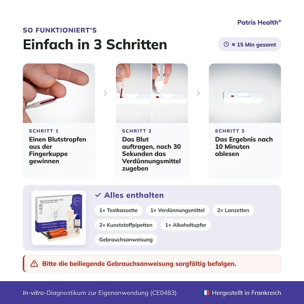 Patris Health Schilddrüsen-TSH-Selbsttest – Anwendung in drei Schritten