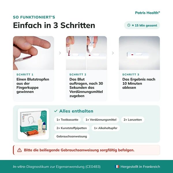 Anwendung des Patris Health Allergie-Selbsttests in drei Schritten