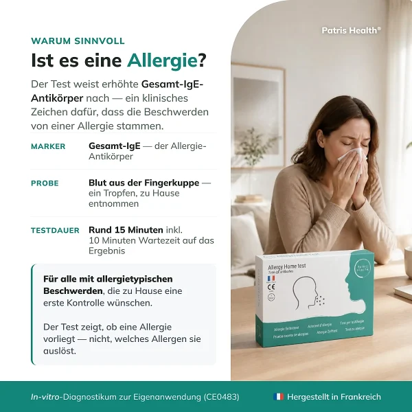 Produktübersicht zum Patris Health Allergie-Selbsttest mit Informationen zu Nutzen, Marker, Probe und Testdauer