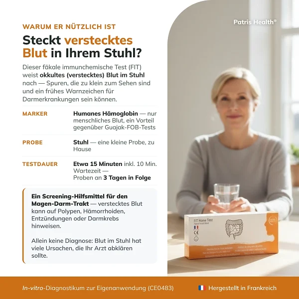 Produktubersicht zum Patris Health FIT-Selbsttest mit den wichtigsten Informationen