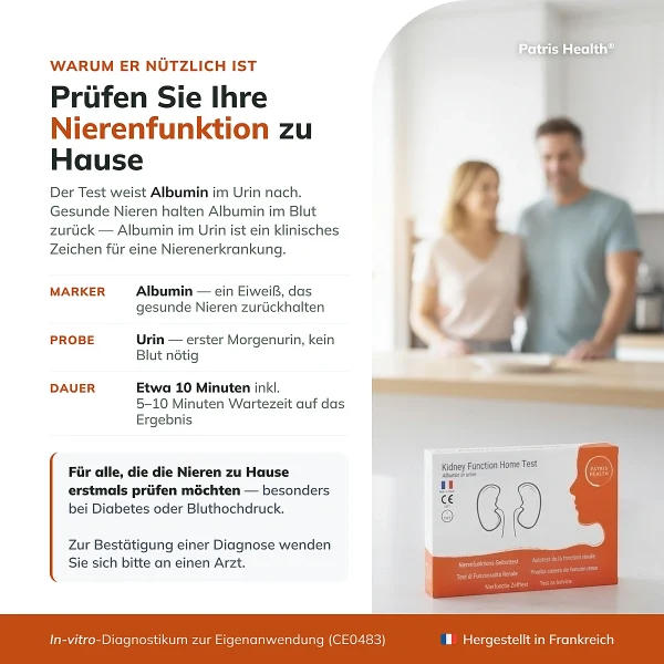 Produktubersicht zum Patris Health Nierenfunktions-Selbsttest mit den wichtigsten Informationen