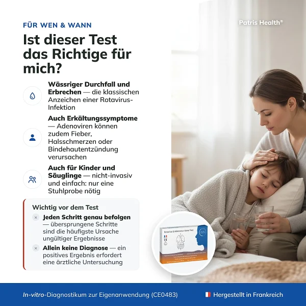 Infografik, fur wen der Patris Health Rotavirus- und Adenovirus-Selbsttest geeignet ist