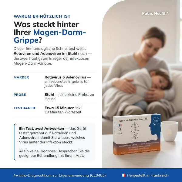 Produktubersicht zum Patris Health Rotavirus- und Adenovirus-Selbsttest mit den wichtigsten Informationen