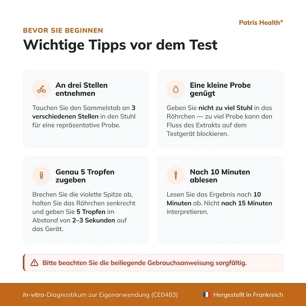 Wichtige Hinweise vor der Anwendung des Patris Health Calprotectin-Selbsttest