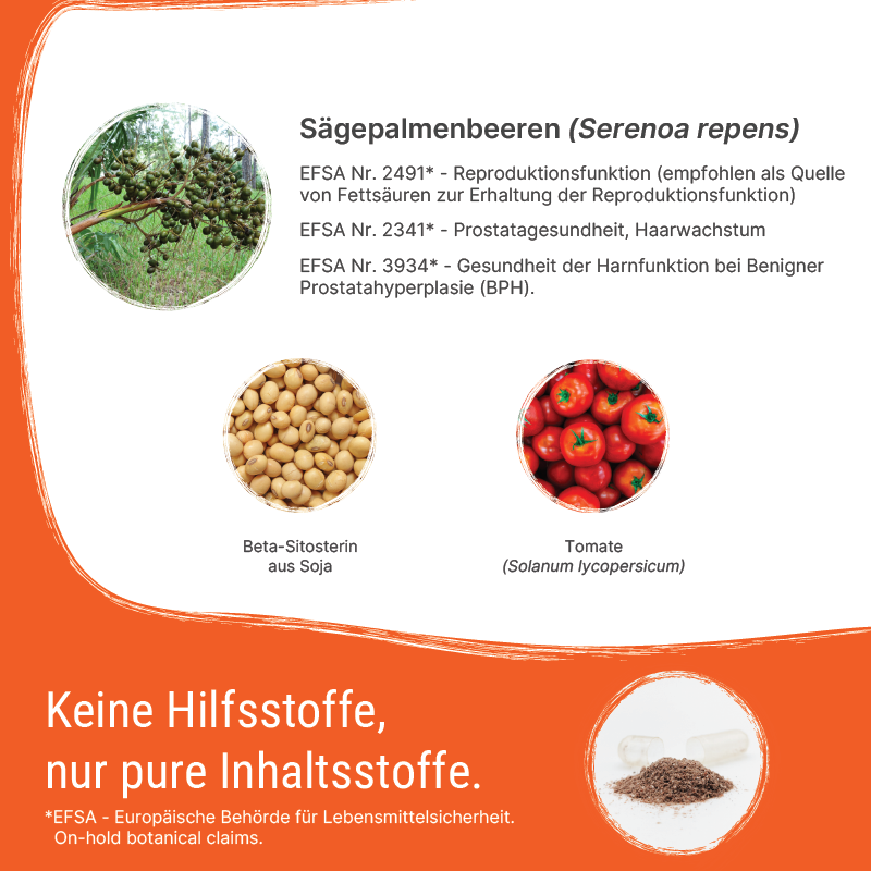 Saw Palmetto - Sägepalmenbeeren, Beta-Sitosterole, Tomaten im Patris Health® Prosta+ Komplex.