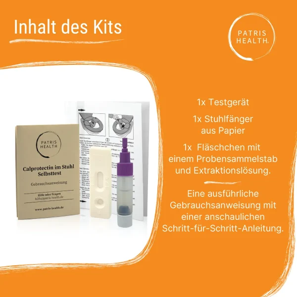 Inhalt des Calprotectin Selbsttests – Testgerät, Stuhlfänger, Probenröhrchen und Anleitung