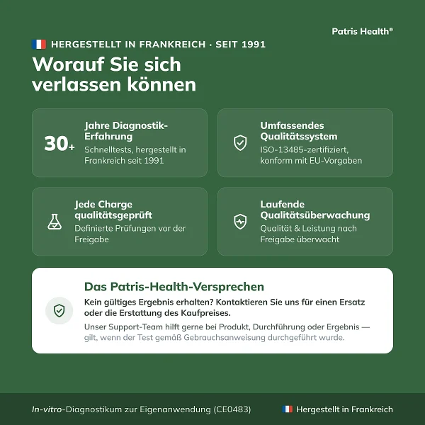 Qualitätsmerkmale des in Frankreich hergestellten Patris Health Borreliose-Selbsttests